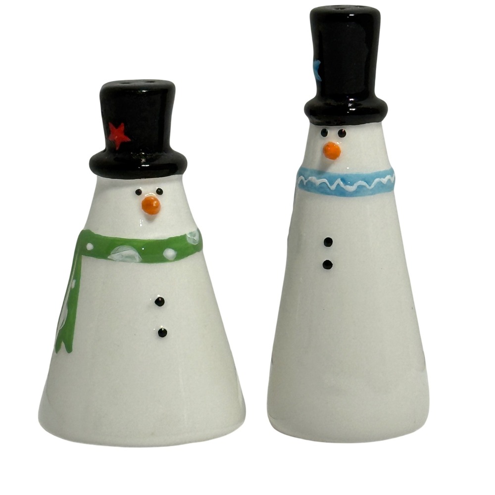 Ceramic Snowman Salt Pepper Shakers Set Black Top Hat Winter Holiday Kitchen
